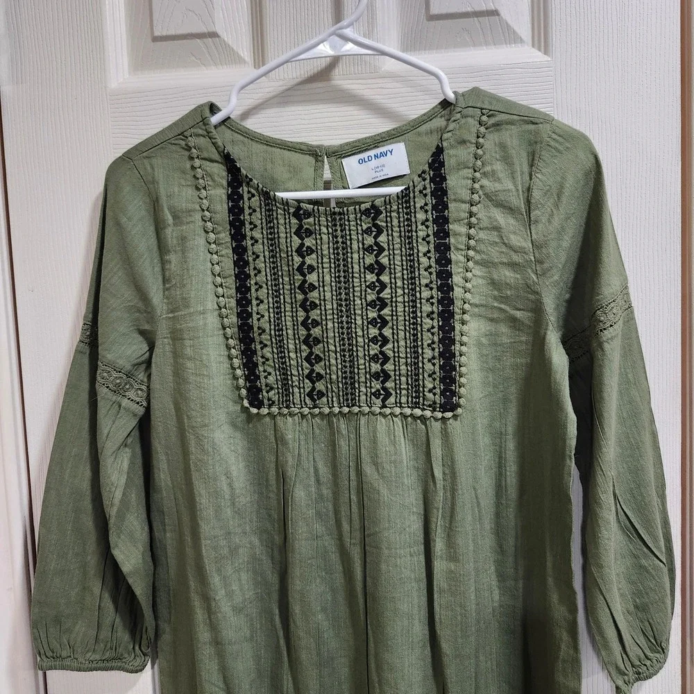Old Navy Girls Olive Green Embroidered Bib Long Sleeve Shift Dress L 10-12 Plus